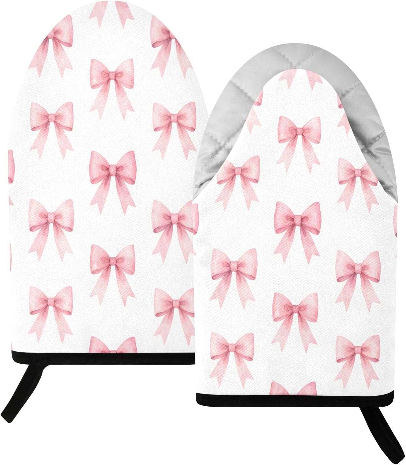 Pink Bows Ribbons Non-Slip Oven Mitts Set Heat Resistant Kitchen Gloves with Quilted Liner Cotton Machine Washable with Hanging Loop for Baking Grilling BBQ