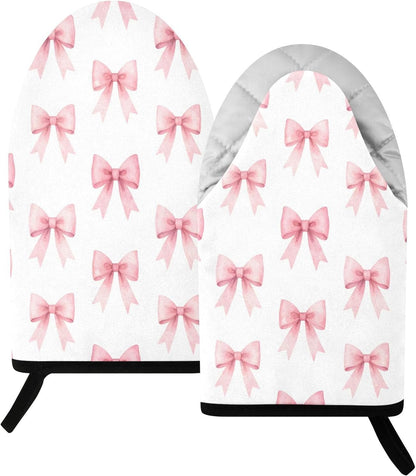 Pink Bows Ribbons Non-Slip Oven Mitts Set Heat Resistant Kitchen Gloves with Quilted Liner Cotton Machine Washable with Hanging Loop for Baking Grilling BBQ