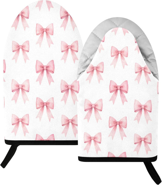 Pink Bows Ribbons Non-Slip Oven Mitts Set Heat Resistant Kitchen Gloves with Quilted Liner Cotton Machine Washable with Hanging Loop for Baking Grilling BBQ