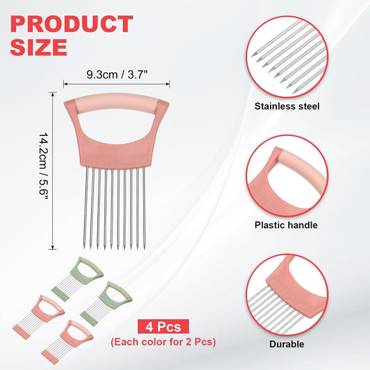 uxcell 4 Pcs Onion Slicer Holder, Stainless Steel Vegetable Cutting Holder Food Cutter Tool for Slicing Storing Onions Tomatoes Potatoes Avocados Apples, Green/Pink