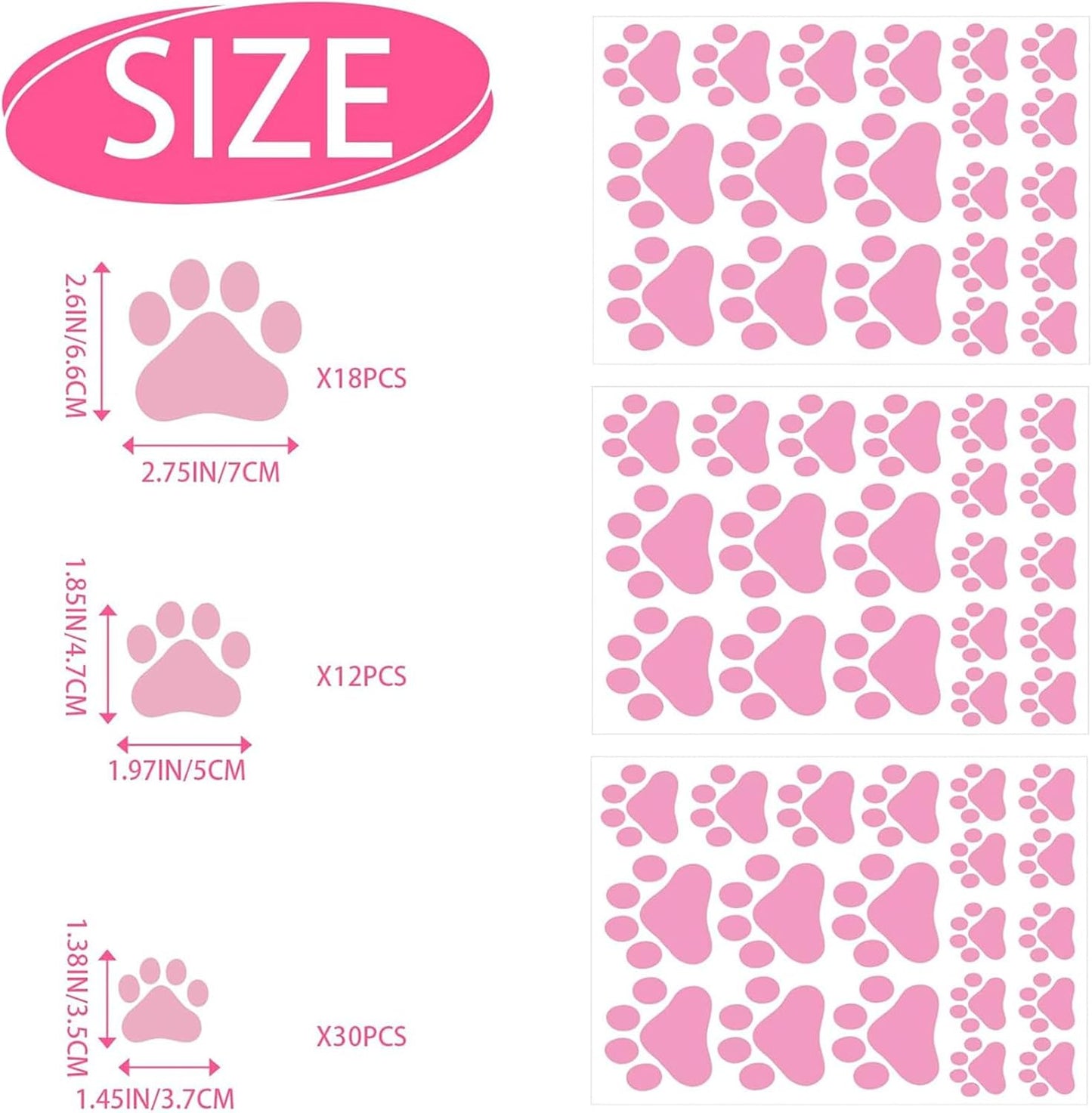 60PCS Dog Paw Wall Decals, Pink Cartoon Dog Paw Print Peel & Stick Stickers, Removable Vinyl Animal Footprint Stickers for Wall & Window Decor
