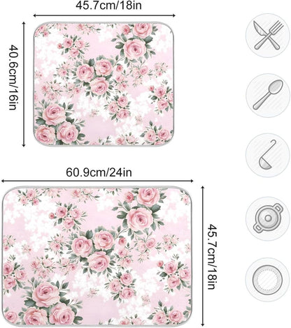 Floral Pink Roses Bouquets Dish Drying Mat for Kitchen Counter Absorbent Microfiber Drying Pad, Medium 16x18 in, Reversible Drainer Mats