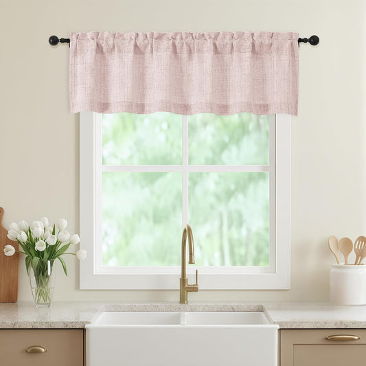 Blush Pink Valances for Windows, Light Filtering Faux Linen Textured Small Short Window Curtain for Bathroom Basement Farmhouse, Rod Pocket Half Curtains for Windows, 60Wx14L Inch