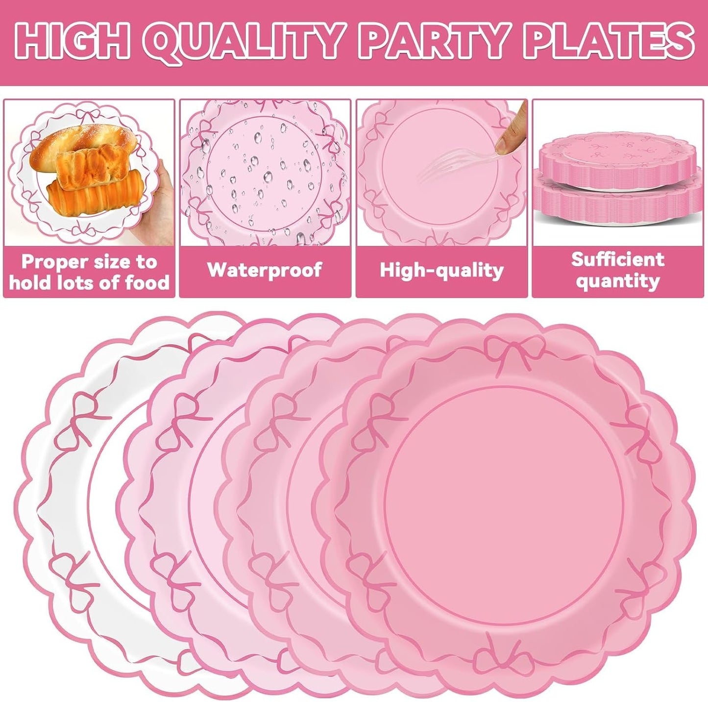 96pcs Pink Bow Party Supplies Bow Scalloped Paper Plates and Napkins Pink Bowknot Party Decors for Girl Bachelorette Bridal Engagement Baby Shower Coquette Cute Tableware Dinnerware Serves 24 Guests