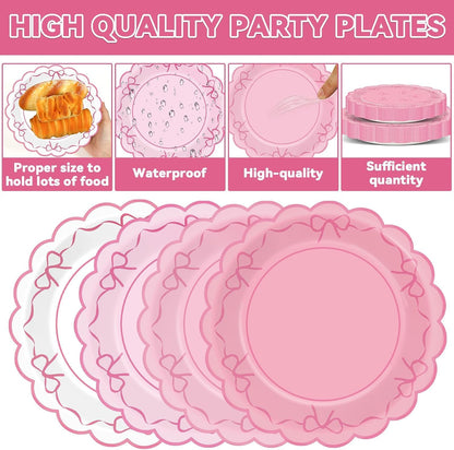 96pcs Pink Bow Party Supplies Bow Scalloped Paper Plates and Napkins Pink Bowknot Party Decors for Girl Bachelorette Bridal Engagement Baby Shower Coquette Cute Tableware Dinnerware Serves 24 Guests
