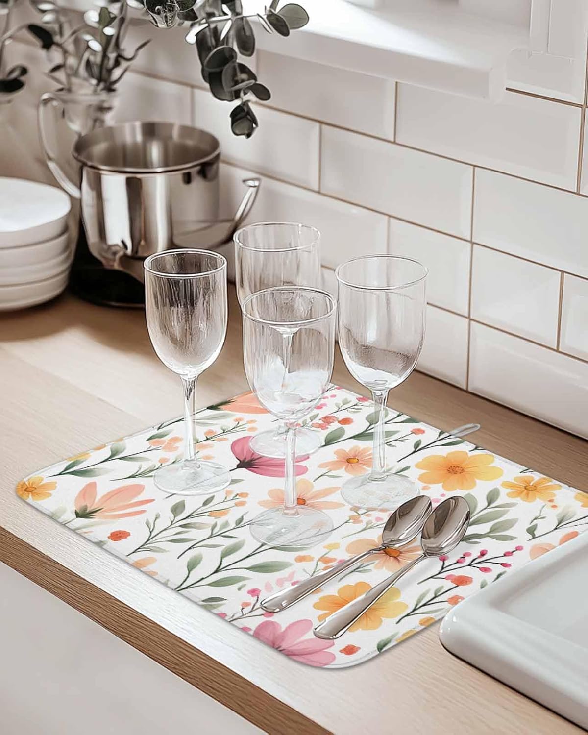 Watercolor Floral Dish Drying Mat for Kitchen Counter Light Pink Wildflowers Leaves Botanical Absorbent Microfiber Quick Dry Pad Non Slip Drainer Mats 18x24 Inch, 2 Pack