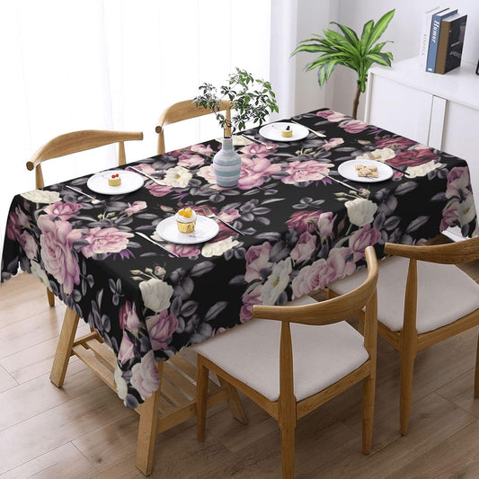 Vintage Floral Tablecloth Watercolor Pink Rose Peony Flower Blossom Black Table Cloth Rectangle Table Cover Kitchen Decorations for Home Dinner Party 54 x 72 Inch