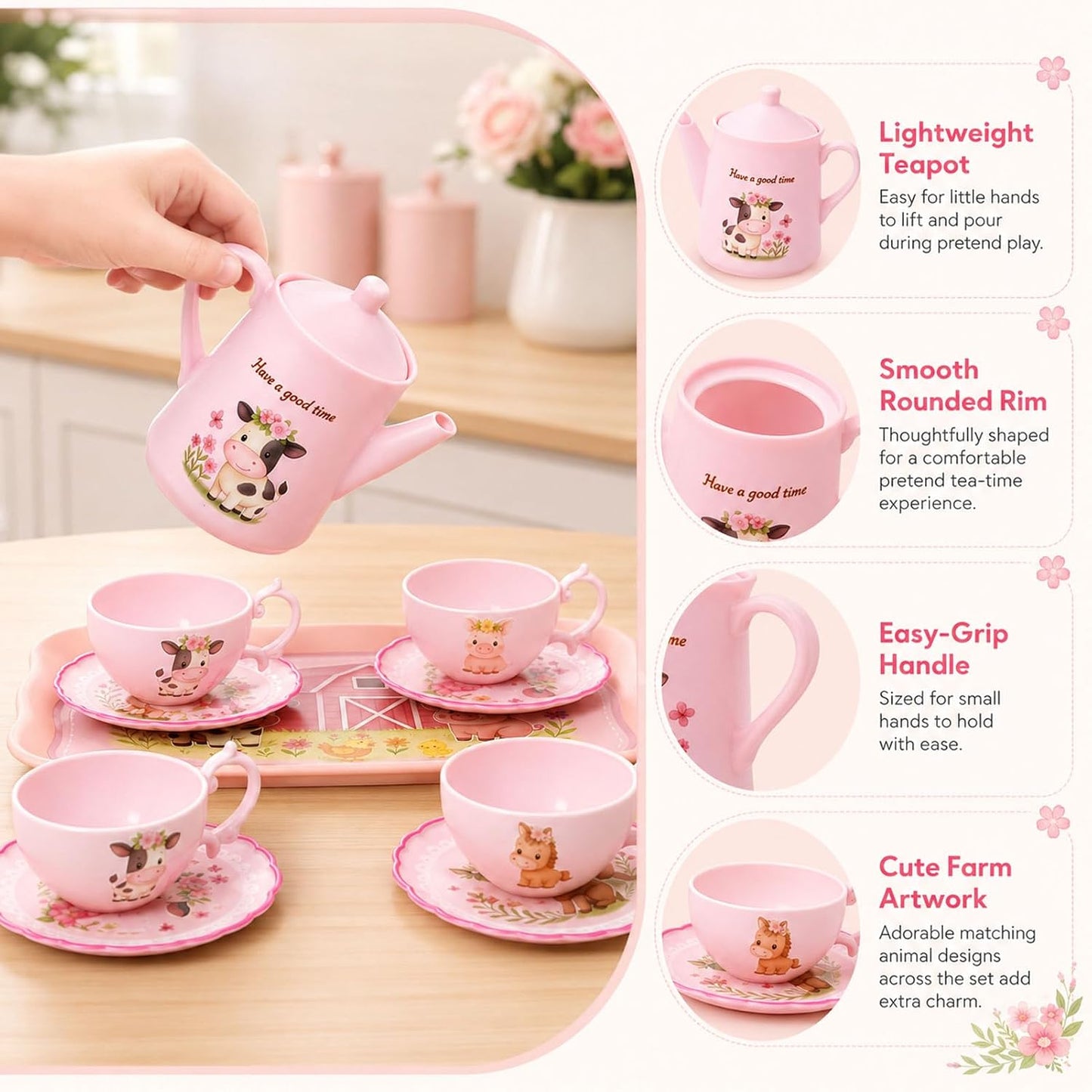 Lajeje Pink Barn Tea Party Set for Little Girls, 47PCS Farm Animal Pretend Play Tea Time Kit, Tea Sets for Toddlers 3-5 with Teapot & Story Cards, Carry Case Girls Birthday Gift, Easter Basket Stuffer