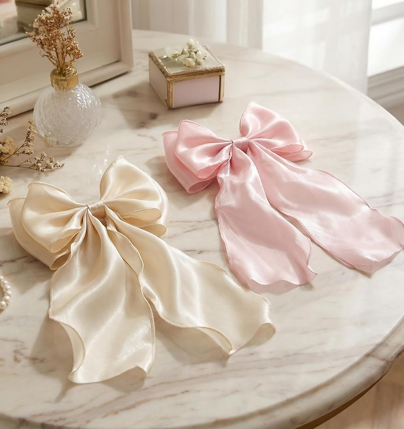 2PCS Light Pink Hair Bow, Pink Bow for Hair with Long Ribbon Tail, 20cm/7.87inches Hair Clips for Women & Girls