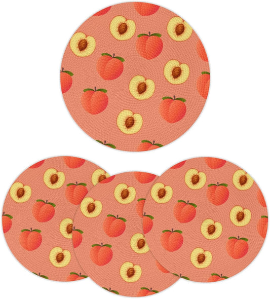 Peach Pit Pattern Table Mats Set of 4 Circle 12.6" Reusable Round Dish Mats for Wedding Circular Placemats for Kitchen Holiday Braided Place Mats Home Party Dining Decor Protected Table