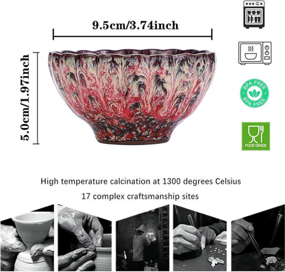 Pink Tenmokus Tea Cups Set of 4, Chinese Jianzhan Ceramic Teacup | Cherry Blossom Glaze, Kiln Change, Lead-free Cadmium-free, for Kungfu Tea Ceremony, Home Decor & Collection Gift