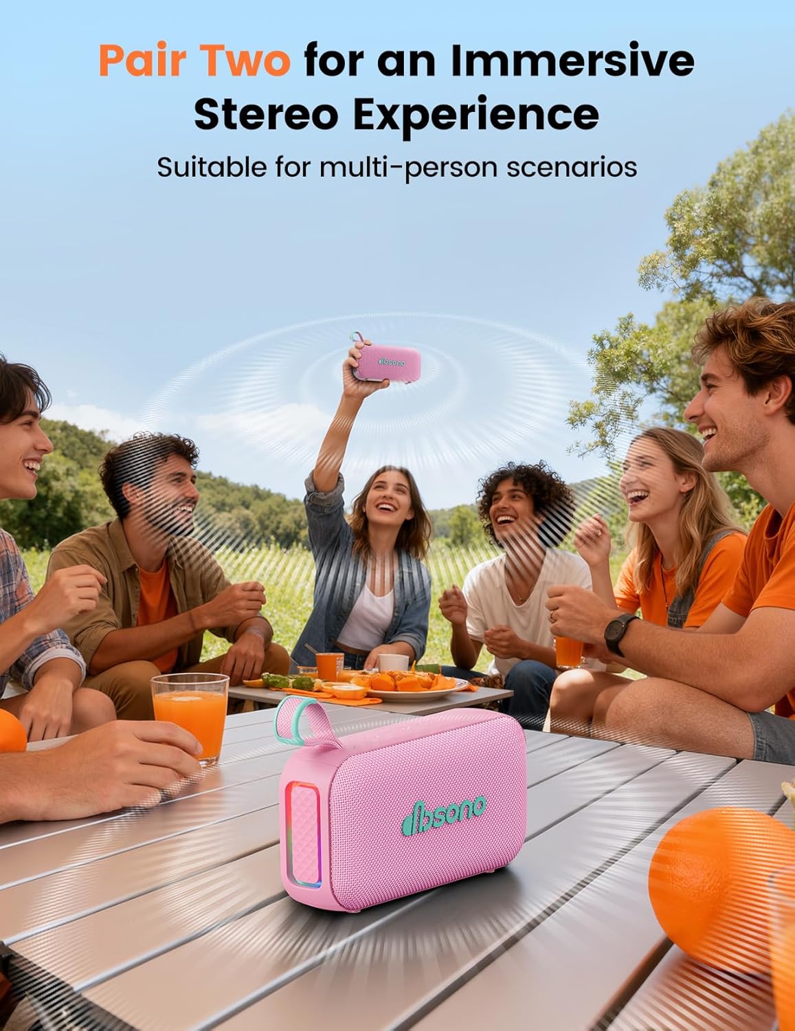 Bluetooth Speaker Stereo 20W Loud Sound: 30H Playtime, IPX5 Water Resistant, Portable Wireless Speakers, Powerful Bass, Lightshow, Birthday Gifts for Men/Adults/Teens, Beach Vacation Essentials, Pink