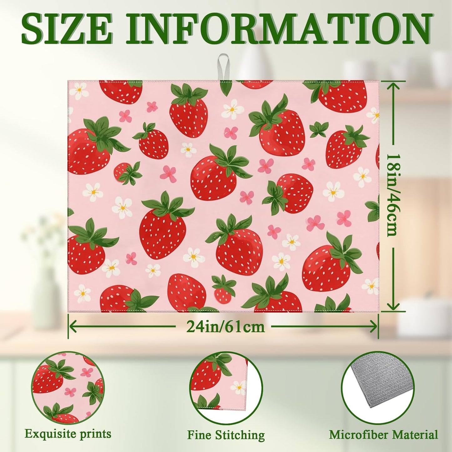Pink Cute Strawberry Flowers Dish Drying Mat for Kitchen Counter Floral Absorbent Microfiber Dish Drainer Mats Reusable Washable Dishes Draining Rack Pad 18x24 Inch