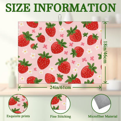 Pink Cute Strawberry Flowers Dish Drying Mat for Kitchen Counter Floral Absorbent Microfiber Dish Drainer Mats Reusable Washable Dishes Draining Rack Pad 18x24 Inch