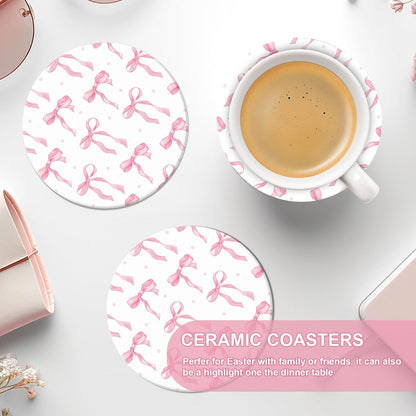 FYSUIMU 6Pcs Pink Bow Coasters Cute Coquette Bowknots Ceramic Drink Coasters Absorbent Cup Mat for Home Kitchen Office Party Table Decor