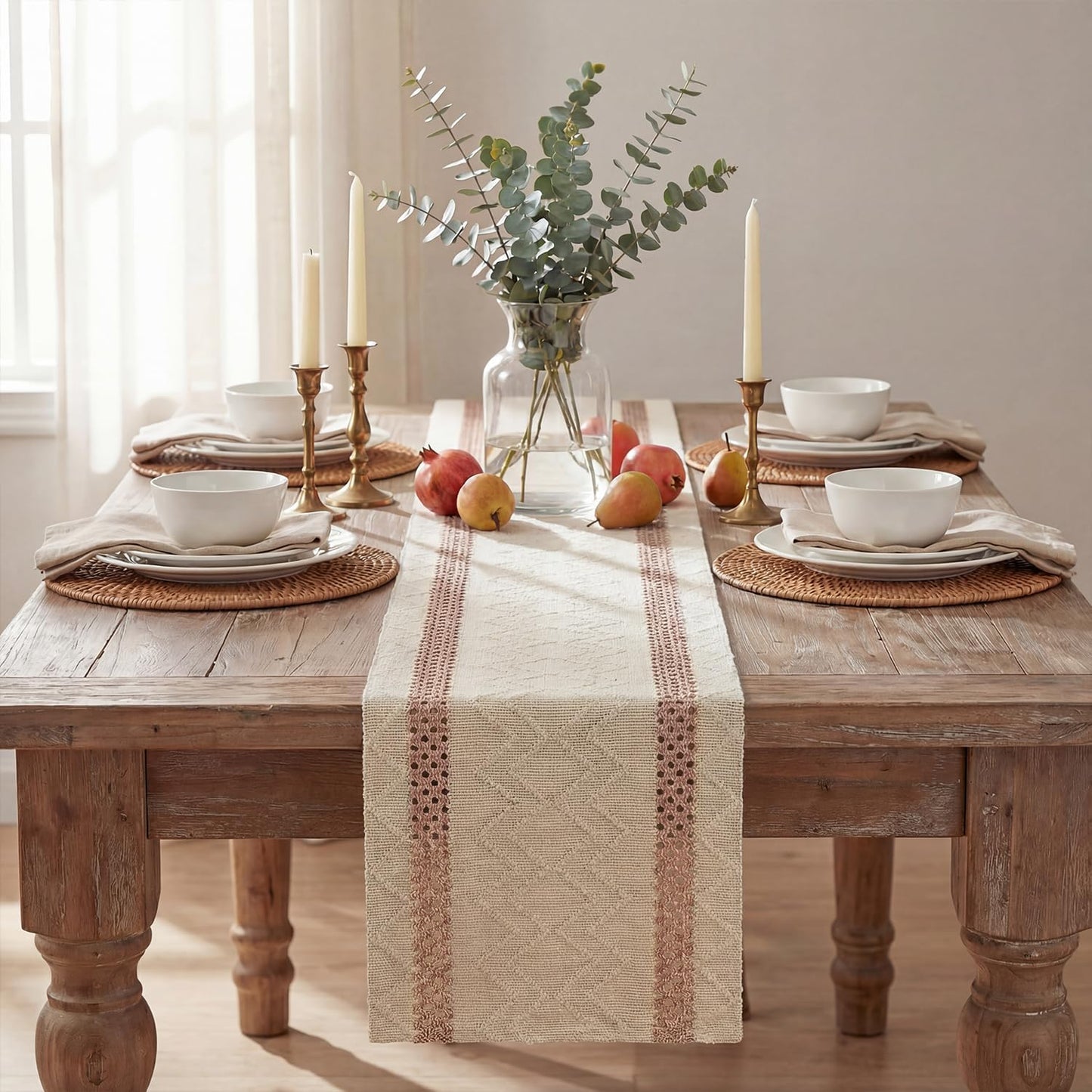 Artoid Mode Pink Stripe Woven Table Runner, Seasonal Holiday Hollow Kitchen Dining Table Decoration for Home Party Decor 12x72 Inch