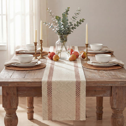 Artoid Mode Pink Stripe Woven Table Runner, Seasonal Holiday Hollow Kitchen Dining Table Decoration for Home Party Decor 12x72 Inch