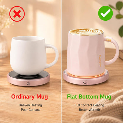 Flat Bottom Coffee Mug for Mug Warmer – 13.5 oz Ceramic Cup with Lid & Gold Trim, Tea Mug for Office Desk, Heater Compatible Gift for Women – Matte Pink