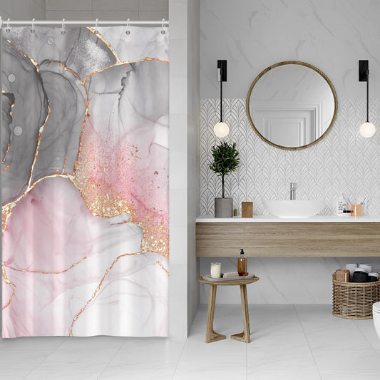Renaiss 36x72 inch Marble Small Stall Shower Curtain Gray Pink Gold Stripes Texture Watercolor Modern Ink Art Half Narrow Fabric Shower Curtains for Bathroom Decor Waterproof with Hooks