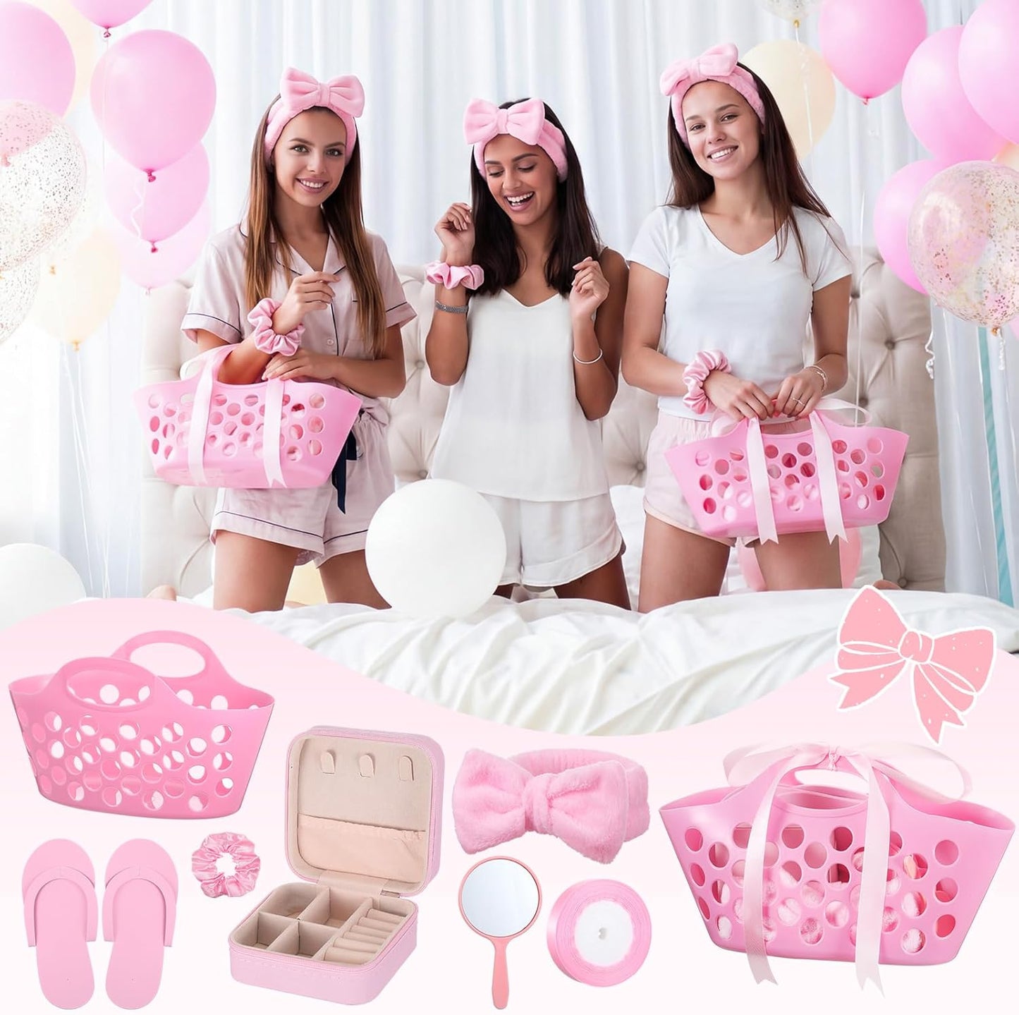 SiliFine 36 Pcs/ 6 Set Spa Sleepover Pink Party Favors Supplies for Girls Kit, Includes Storage Basket, Disposable Slipper, Mirror, Hair Tie, Headband, Jewelry Box, Ribbon for Birthday Graduation Gift