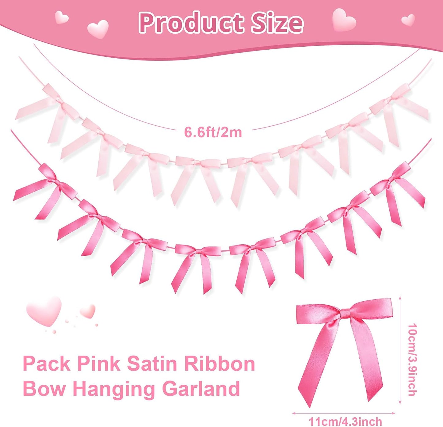 4 Pcs Pink Bow Garland Banner, Pre Strung Pink Coquette Party Decortions for Girls Bow Birthday Decorations, Bachelorette Party Decorations, Bridal Shower