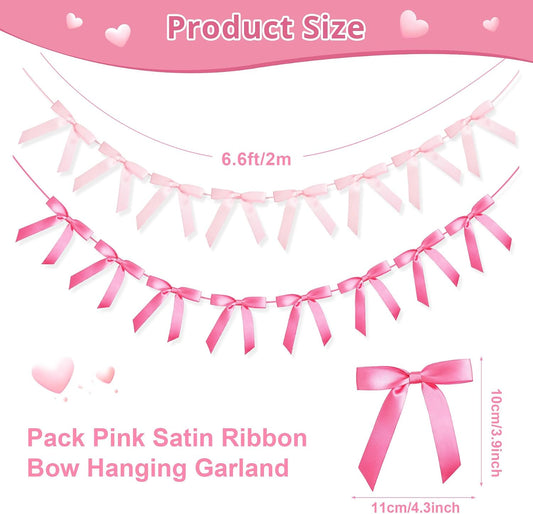 4 Pcs Pink Bow Garland Banner, Pre Strung Pink Coquette Party Decortions for Girls Bow Birthday Decorations, Bachelorette Party Decorations, Bridal Shower