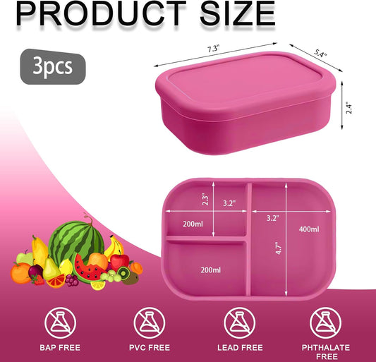 Silicone Adult Bento Box, 3 Compartment Leakproof Silicone Lunch Container, Lunch Box for Men and Women, BPA-Free, Microwave/Dishwasher/Freezer Safe, Reusable Snack Containers (3PCS-Pink)