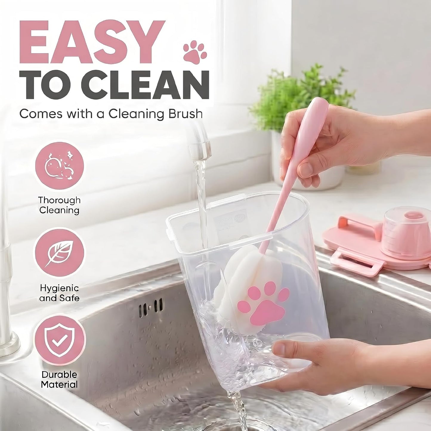 Dog Storage Container with cleaning brush,Measuring Cup,Portable Pet Food Containers with Upgraded Large Spout and Cup for Dogs,Cats,Birds,Small Animals（Pink）