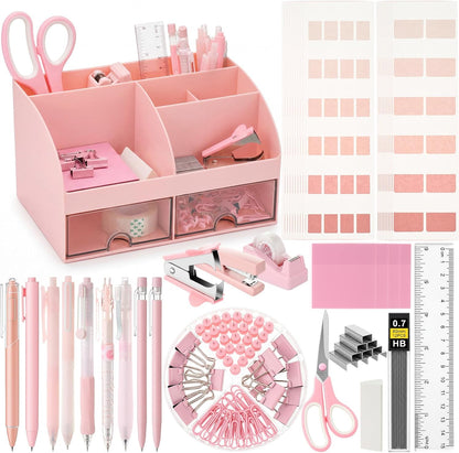 Eersida Desk Accessories Supplies, 26 Pcs Desk Organizer with Tape Dispenser, Stapler, Staple, Staple Remover, Scissor, Ruler, Sticky Tabs, Tape, Ballpoint Pen, Pencil, Clips for School Office(Pink)