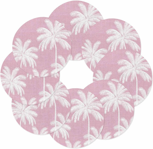 Round Placemats Set of 8 Tropical Palm Trees Place Mats Washable Woven Placemat Peach Pink Linen Coastal Circle Braided Table Mat for Kitchen Dining Table Party Home Decor 15 Inch