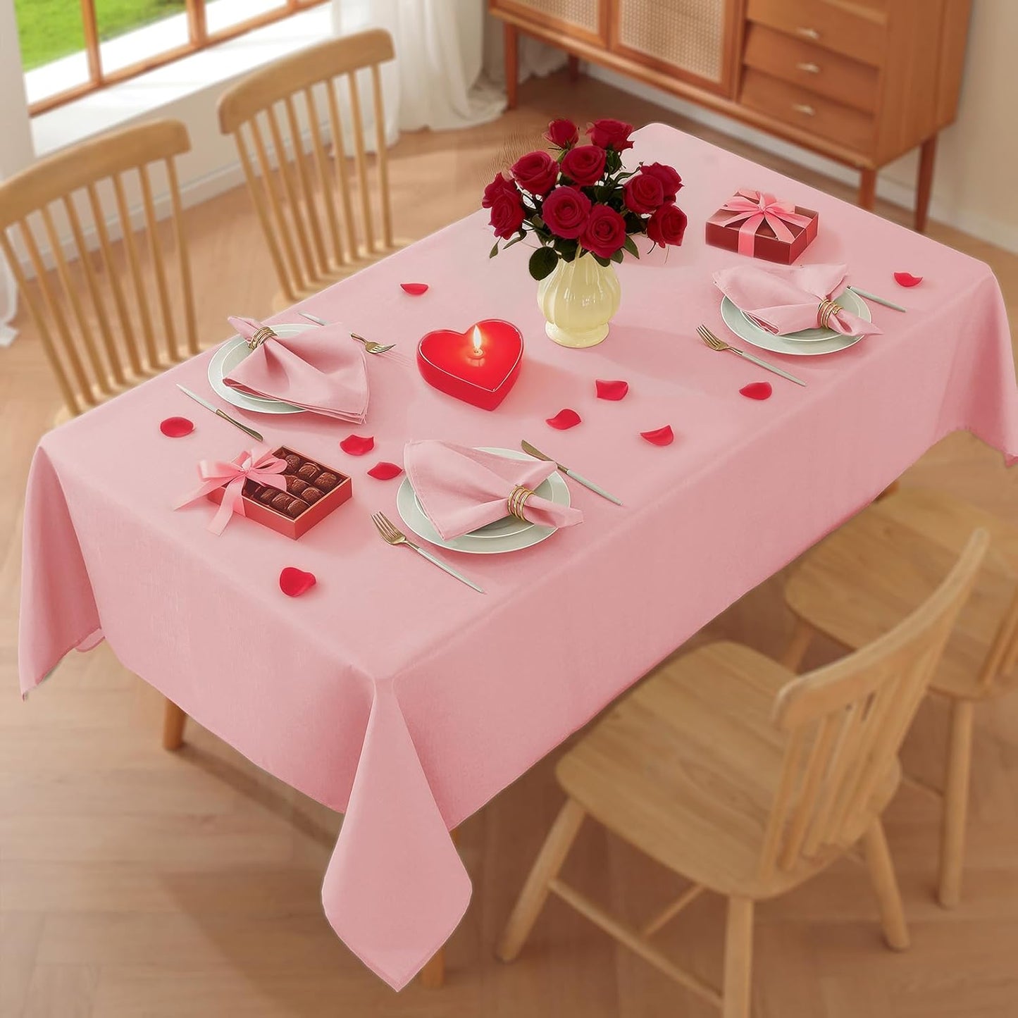 SASTYBALE Pink Faux Linen Tablecloth 52x70 Inch Rectangle | Spill-Proof, Stain Resistant, Wrinkle-Free Fabric for Mother's Day Romantic Dinner, Kitchen & Wedding Party Decorative Cover