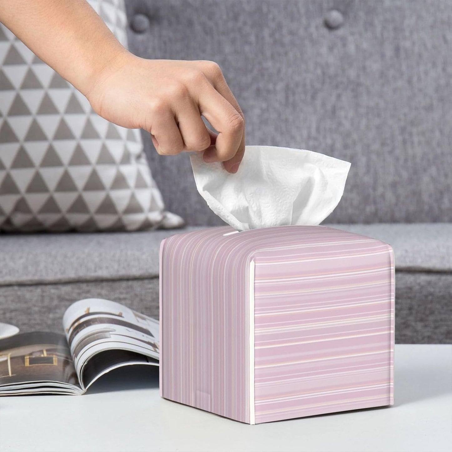 Pastel Light Pink Thin Stripes Pattern Tissue Box Cover Square Pu Leather Waterproof Tissue Box Holder for Car Bathroom Bedroom Office Tabletop Decor