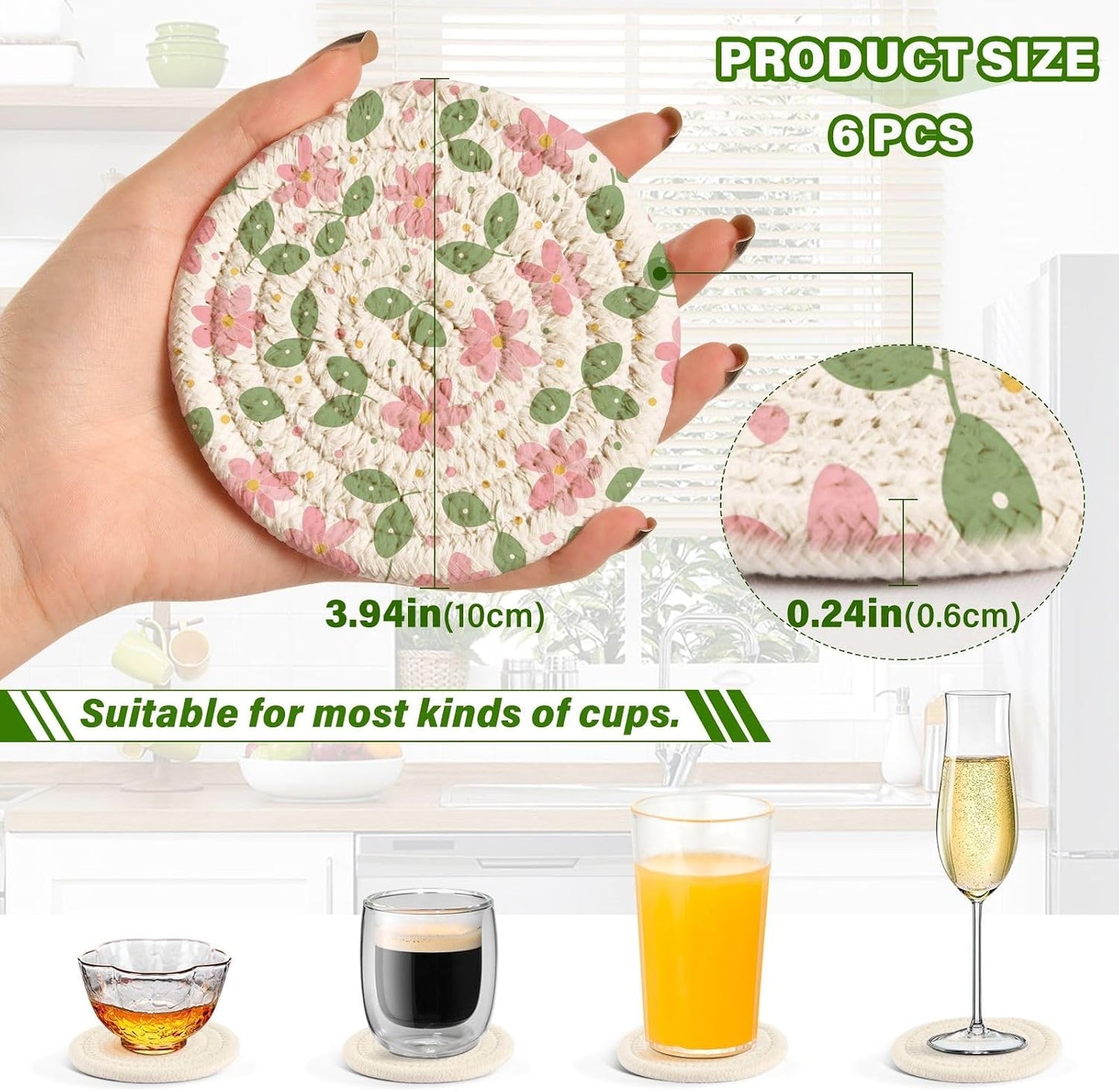 Pink Green Leaf Flowers Pattern Coasters Set of 6 with Holder Absorbent Round Coasters for Wooden Table Tabletop Protection Party Christmas Decor House Warming
