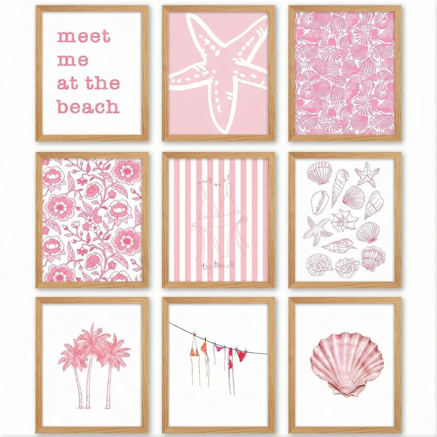 Fuyoooo Pink Coastal Poster Set of 9 Preppy Beach Themed Wall Art Beachy Painting Picture Wall Decor Shell Palm Trees Flowers Printed Artwork for Teen Dorm Bedroom Apartment 8x10 Inch in Unframed
