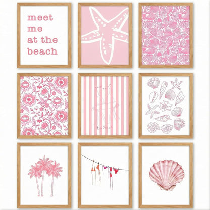 Fuyoooo Pink Coastal Poster Set of 9 Preppy Beach Themed Wall Art Beachy Painting Picture Wall Decor Shell Palm Trees Flowers Printed Artwork for Teen Dorm Bedroom Apartment 8x10 Inch in Unframed