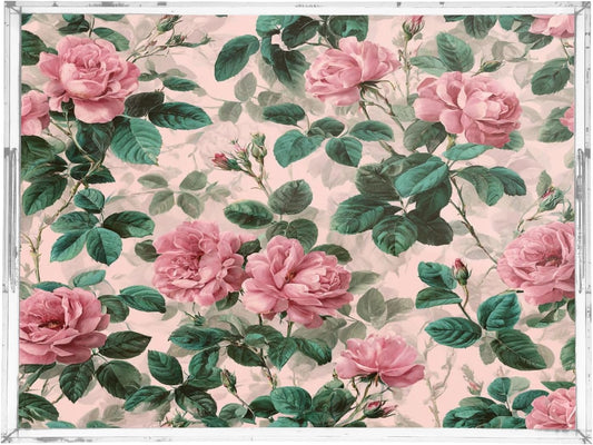 Serving Tray with Handles Clear Acrylic Tray 12x16 Inch Decorative Rectangular Tray Organizer for Ottoman Coffee Table Bathroom Pink Vintage Roses with Leaves