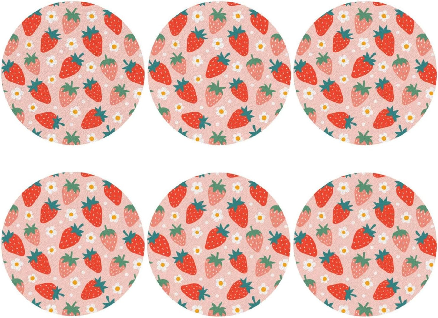 Strawberry and Flowers Cute Pink 6 Pcs Drink Coasters - Leather Coasters Set - Resistant Round Coaster Non-Slip Table Mat - Kitchen Bar Home Decor Housewarming Gift