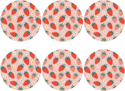 Strawberry and Flowers Cute Pink 6 Pcs Drink Coasters - Leather Coasters Set - Resistant Round Coaster Non-Slip Table Mat - Kitchen Bar Home Decor Housewarming Gift