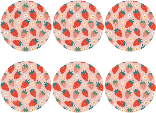 Strawberry and Flowers Cute Pink 6 Pcs Drink Coasters - Leather Coasters Set - Resistant Round Coaster Non-Slip Table Mat - Kitchen Bar Home Decor Housewarming Gift