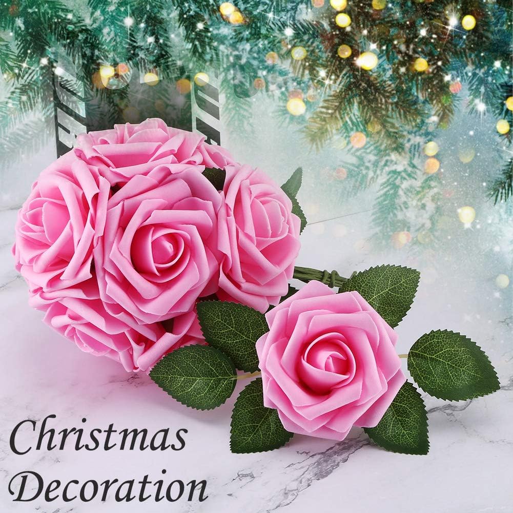 Higfra Artificial Flowers 25pcs Real Looking Fake Roses with Stems for DIY Wedding Bouquets Baby Shower Centerpieces Floral Arrangements Party Tables Home Decorations