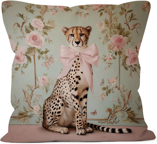 Vintage Chinoiserie Cheetah Leopard Throw Pillow Cover Gifts 18x18, Coquette Pink Bow Decor Pillow Cases for Dorm Nursery Bedroom Living Room, Retro Trendy Pillowcases for Couch Bed Sofa