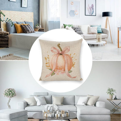 Pastel Peach Pumpkin Large Pink Bow Pillow Covers 18x18 Set of 2, Throw Pillows Covers Linen Cushion Case for Couch Sofa Farmhouse Decor