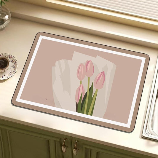 Dish Drying Mat, Quick-Absorbent Non-Slip Silicone Draining Mat for Kitchen Countertops, Multi-Functional Dish Drainer Mat for Utensils, Glassware, and Coffee Machines (Pink Flower)