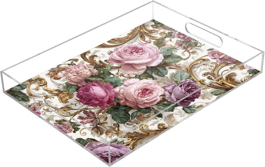 Vintage Lavender Pink Rose 15.7 x 11.8 in Acrylic Serving Decorative Tray with Handles 1 Pcs Large Plastic Food Snack Trays Coffee Table Tray for Kitchen Bed Bathroom Breakfast Eating