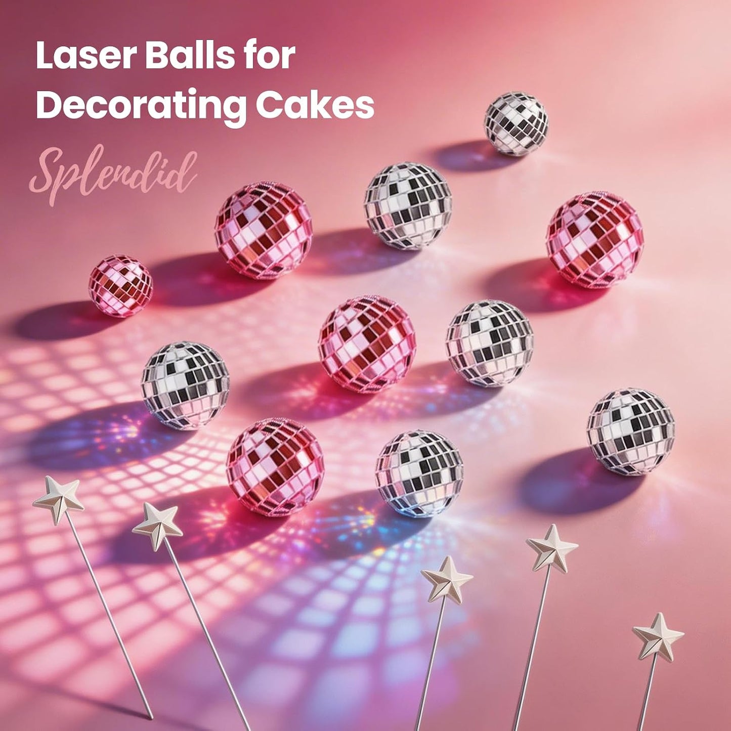 29 Pcs Disco Ball Cupcake Toppers, Mini Disco Balls for Cake, Pink and Silver Shiny Mirror Ball Picks, Disco Ball Cake Decorations for 70s Retro Birthday Dessert Party
