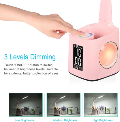 LED Desk Lamp with Clock,Color Changing Nightlight,Study Lamp with Pen Holder,Desk Light with USB Charger,Table Light for Home,Office,Bedroom,Gift for Kids,Students,Women,Pink