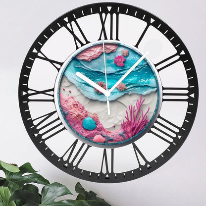 Metal Wall Clock for Living Room -10" Pink Coral Ocean Beach Shells Silent Non Ticking,Battery Operated, Antique Clocks for Farmhouse,Bedroom,Kitchen - Rome Numerals