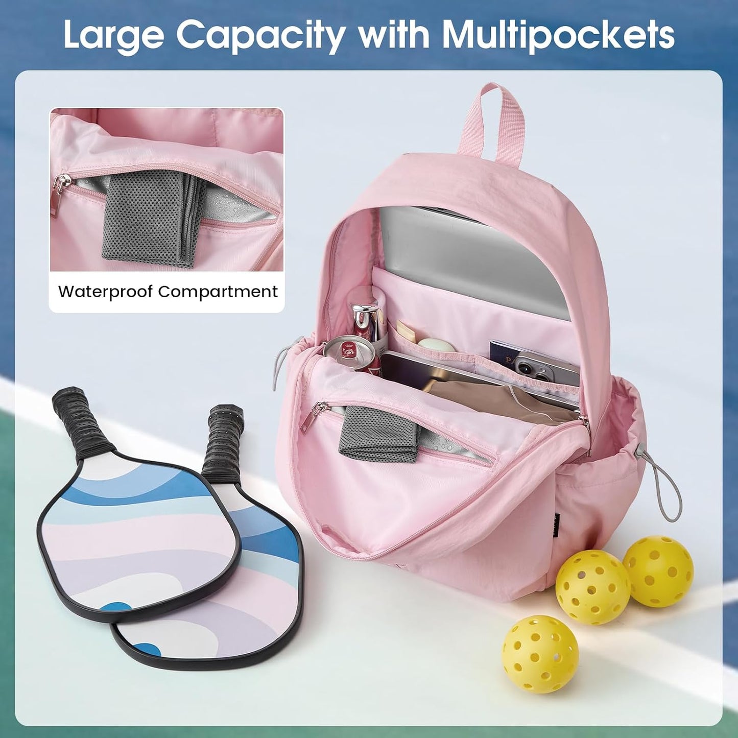 G4Free 20L Pickleball Bag for Women, Pickleball Paddle Backpack with Fence Hook, Work Travle Bag with 15" Laptop Compartment-Pink