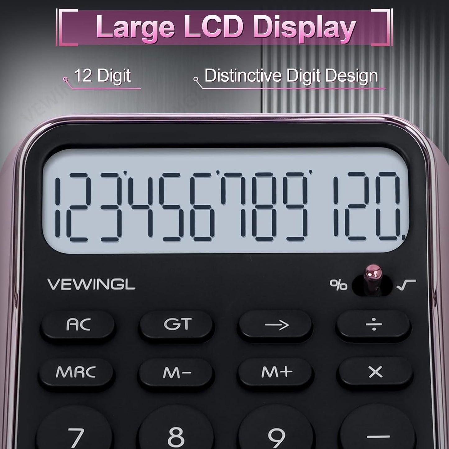 VEWINGL Desktop Calculator, 12 Digit HD Display with% Key, Metallic Vacuum-Plated Surface, Great for Office, School, or Home (Pink Chrome, Non-Voice)