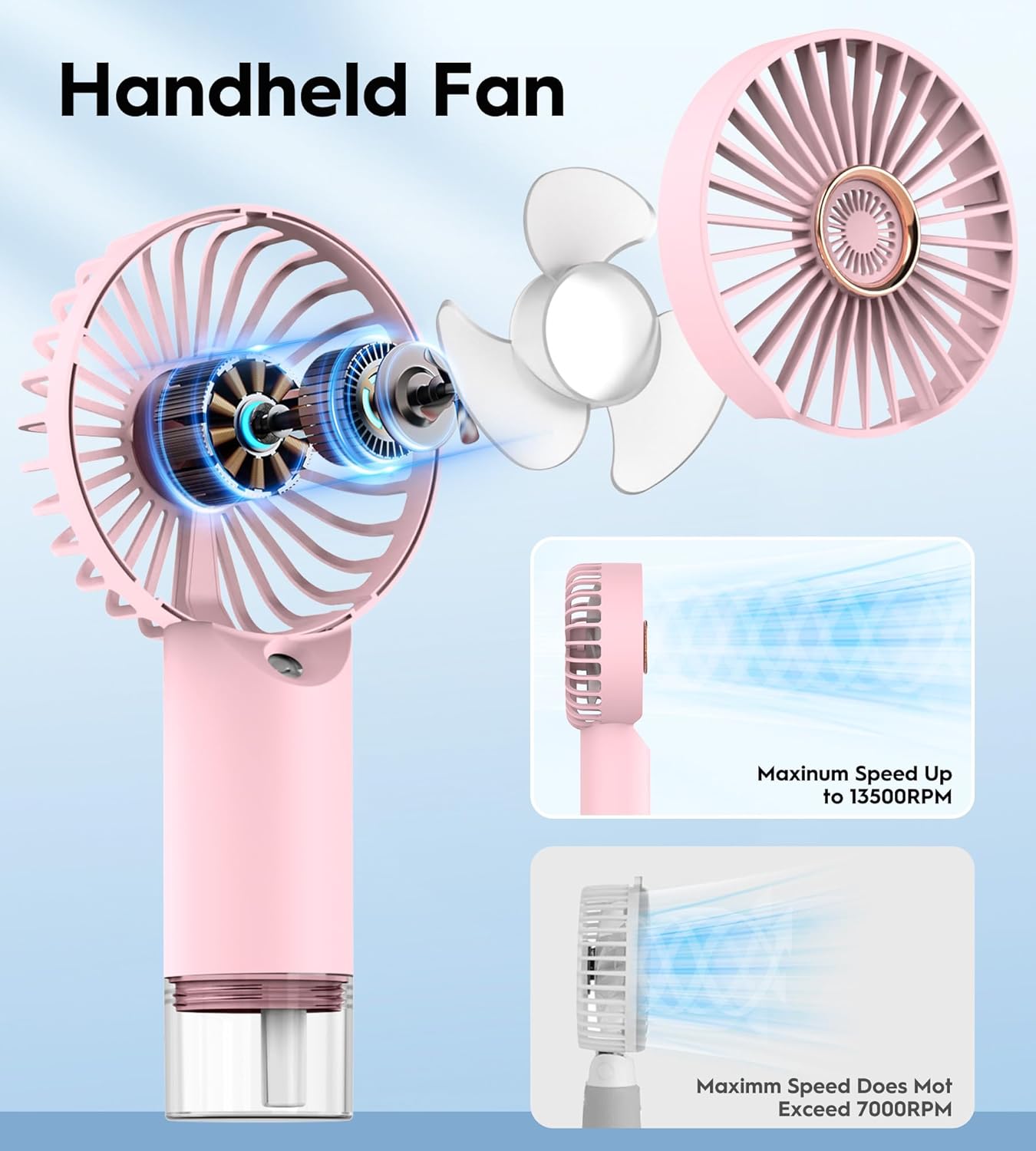 Portable Personal Misting Fan, Handheld Rechargeable Cooling Fan, 3-Speed, Suitable for Travel, Beach and Office Use Pink